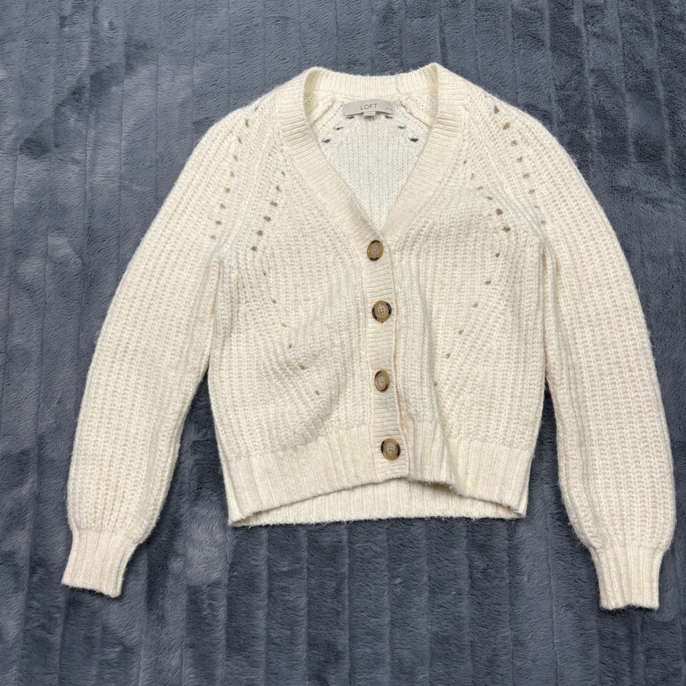 Loft Petites Ivory Ribbed Pointelle Cardigan Sweater Cream XSP 11512